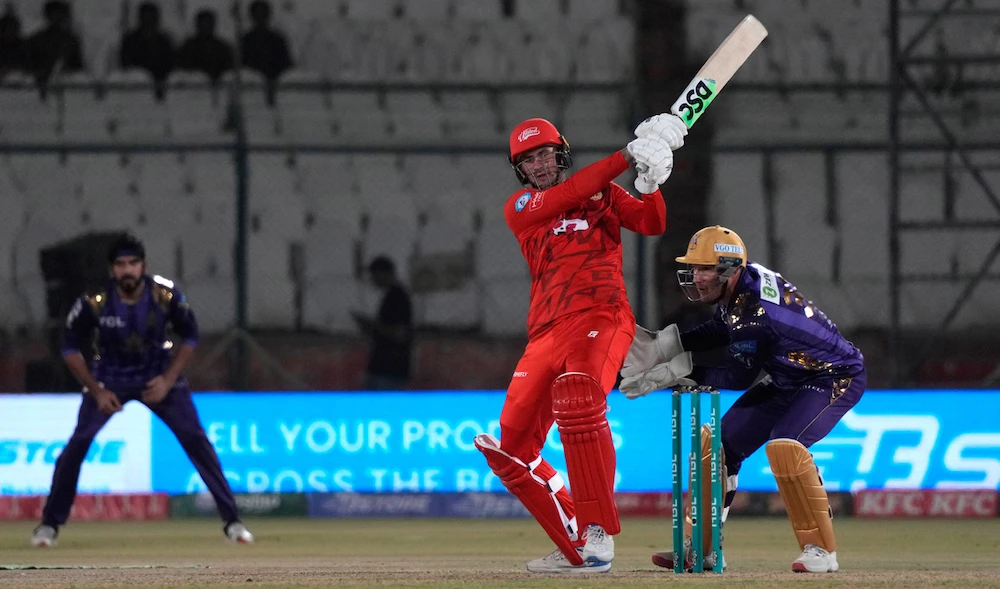 Islamabad United’s Alex Hales, center, plays a shot during the Pakistan Super League T20 cricket eliminator match between Islamabad United and Quetta Gladiators, in Karachi on March 15. (AP)