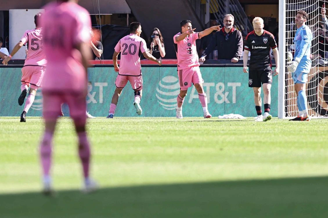 Luis Suarez of Inter Miami celebrates after scoring a goal against the D.C. United during the second half at Audi Field on Mar. 16, 2024 in Washington. (AFP)