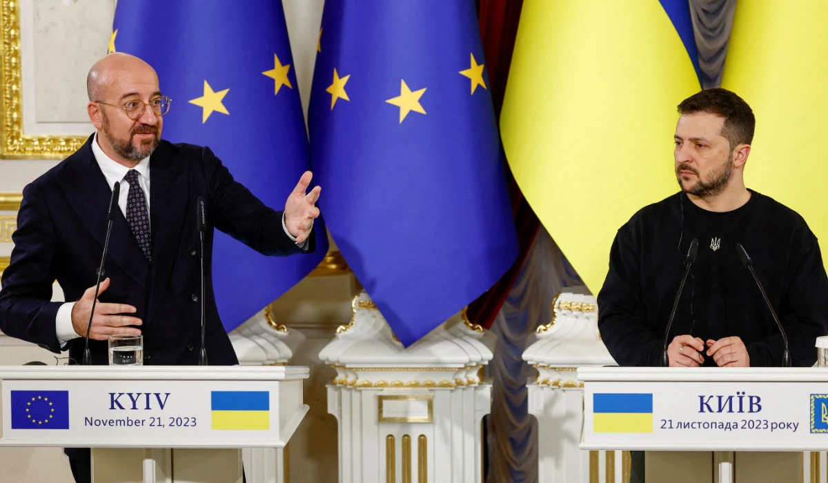 Ukraine's President Volodymyr Zelenskiy and President of the European Council Charles Michel attend a joint press conference with Moldova's President Maia Sandu, amid Russia's attack on Ukraine, in Kyiv, Ukraine November 21, 2023. (REUTERS)