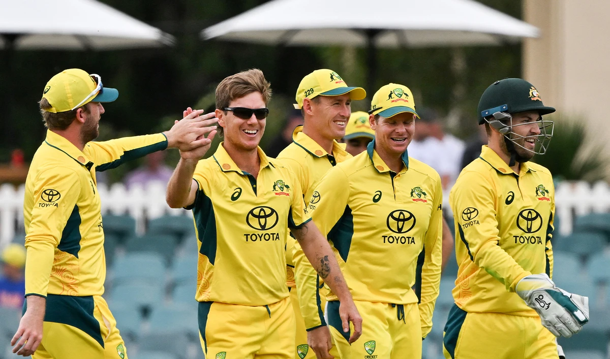 Australia’s Adam Zampa (C) celebrates the wicket of West Indies’ batsman Alick Athanaze with teammates during the third one-day international (ODI) cricket match between Australia and West Indies at Manuka Oval in Canberra on February 6, 2024. (AFP/File)
