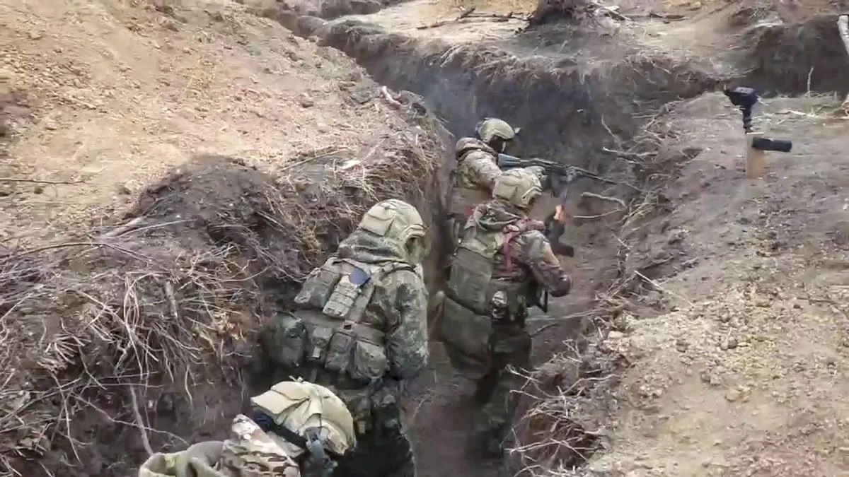 In this photo released by the Russian Defense Ministry Press Service on Mar. 19, 2024, Russian soldiers participate in a military exercise somewhere in Russian-controlled Donetsk region, eastern Ukraine. (AP)