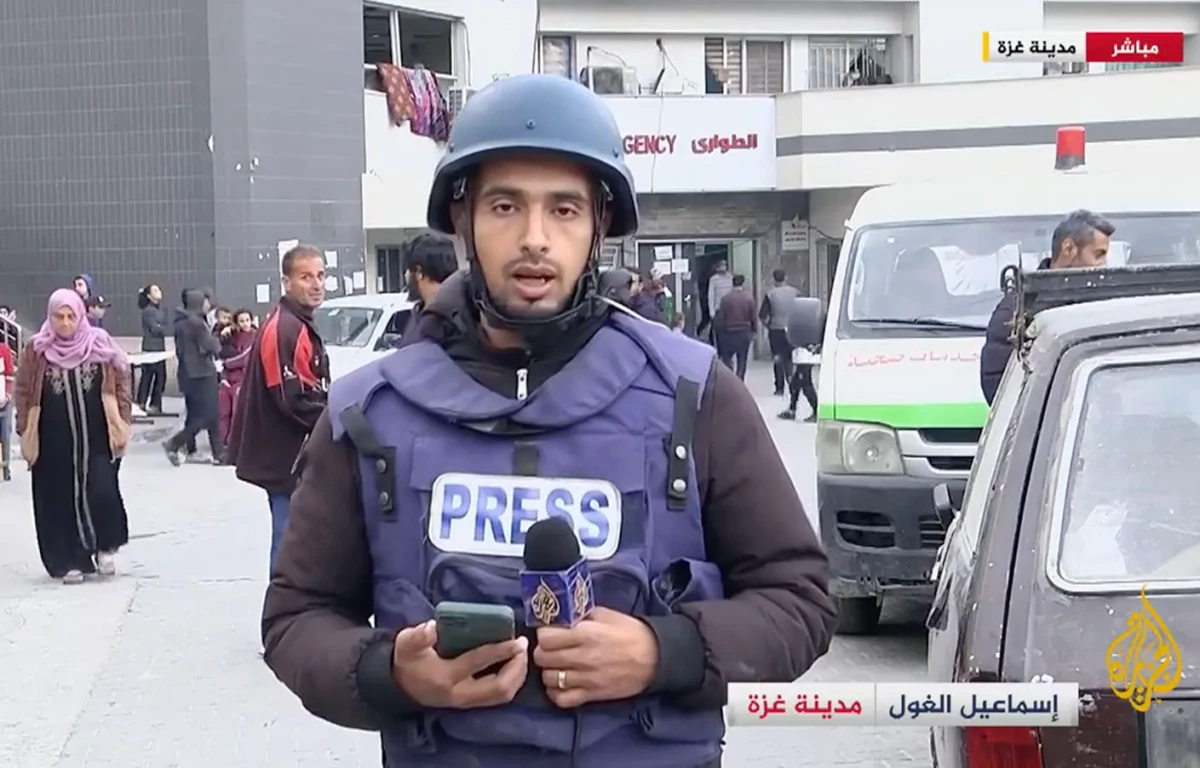 IDF soldiers detained and physically attacked Al-Jazeera journalist Ismail Al-Ghoul during a raid on Al-Shifa hospital on Monday. (Screenshot/Al-Jazeera)