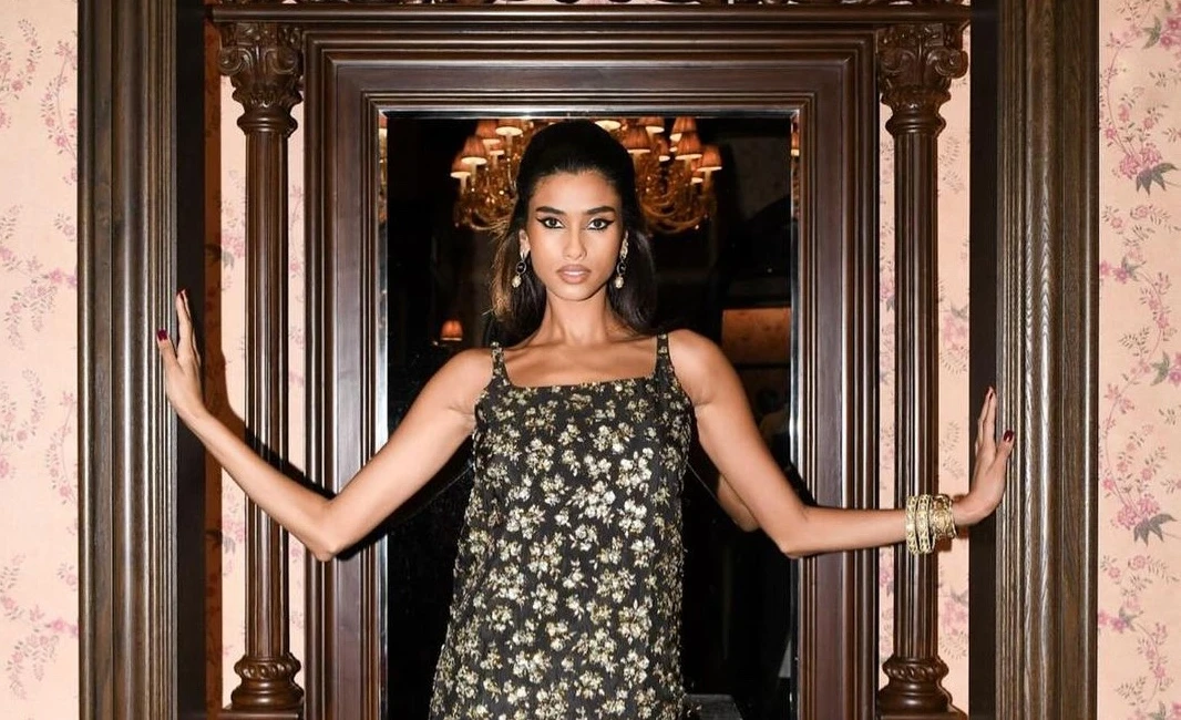 The model attended the launch party wearing a straight-cut floral dress. (Instagram)