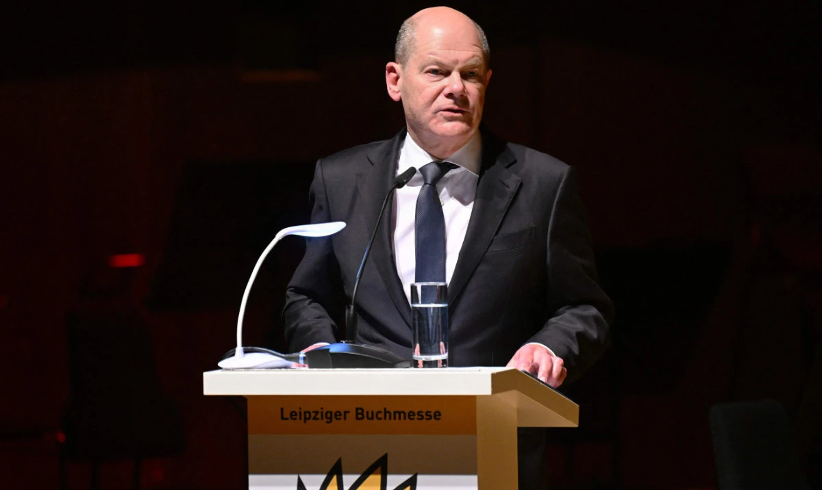 German Chancellor Olaf Scholz speaks at the opening of the Leipzig Book Fair on March 20, 2024 in Leipzig, eastern Germany. (AFP)