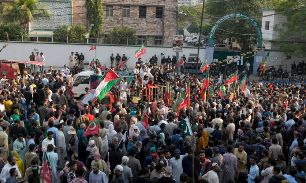 Supporters of Pakistan’s former Prime Minister Imran Khan's party ‘Pakistan Tehreek-e-Insaf’ hold a protest against alleged vote-rigging in some constituencies in the parliamentary elections, in Karachi, Pakistan, Feb. 11, 2024. (AP)