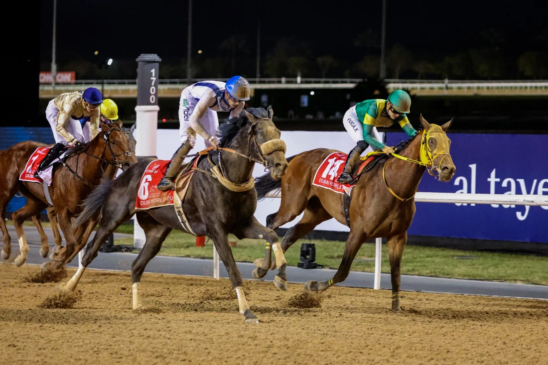 Jockey Yuga Kawada on 'Ushba Tesoro' (R) competed to win the Dubai World Cup horse racing event at the Meydan track in Dubai last year. (FIle/AFP)