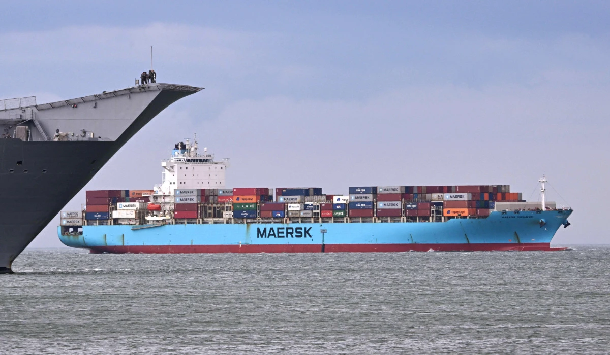 The MV Maersk Rubicon arrives at the Port of Melbourne, Australia's largest port for containerised and general cargo, to unload its containers in Melbourne on March 19, 2024. (AFP)