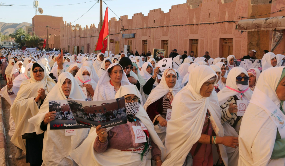 Women take part in a protest in the oasis of Figuig, Morocco, against a government plan to change the management of drinking water. Thousands demonstrated against their municipal council’s plan to transition drinking water management to a regional multi-service agency. (AP)