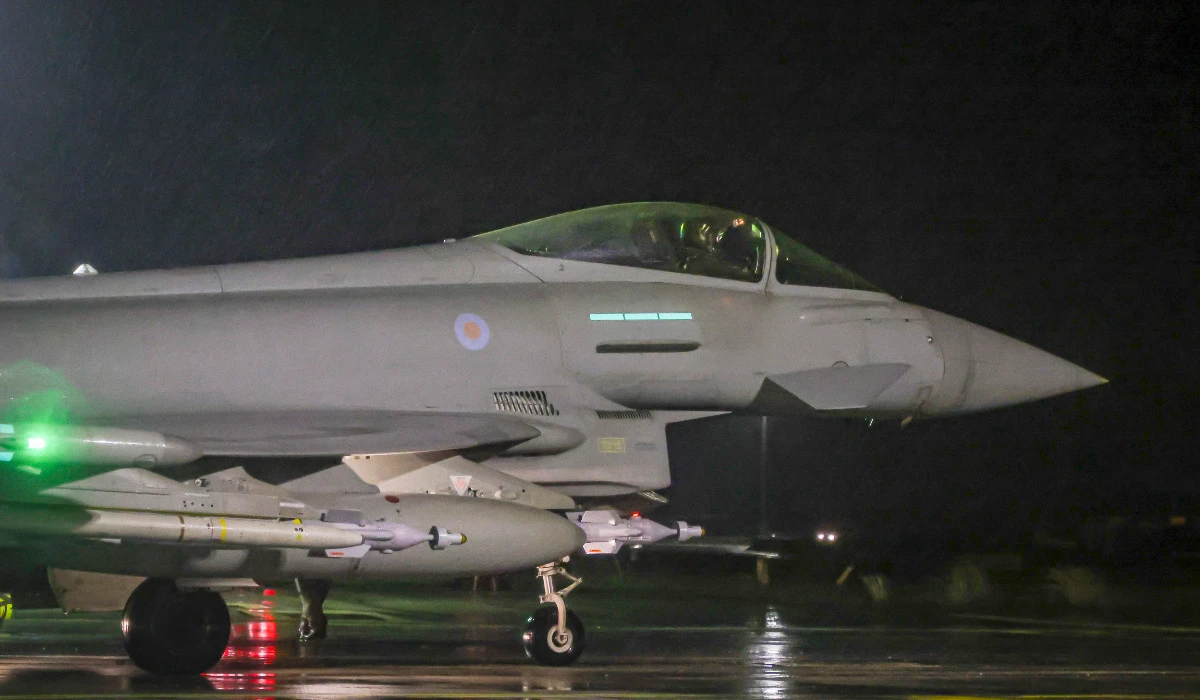 In this image provided by the UK Ministry of Defence, a Royal Air Force Typhoon FGR4 takes off to carry out air strikes against Houthi military targets in Yemen, from RAF Akrotiri, Cyprus, Monday, Jan. 22, 2024. (AP)