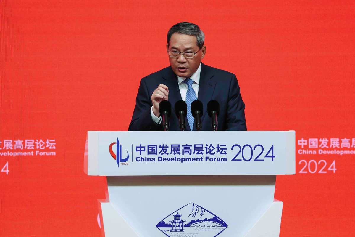 Chinese Premier Li Qiang delivers a keynote speech during the annual meeting of the China Development Forum at the Diaoyutai Guesthouse in Beijing on Sunday. AP