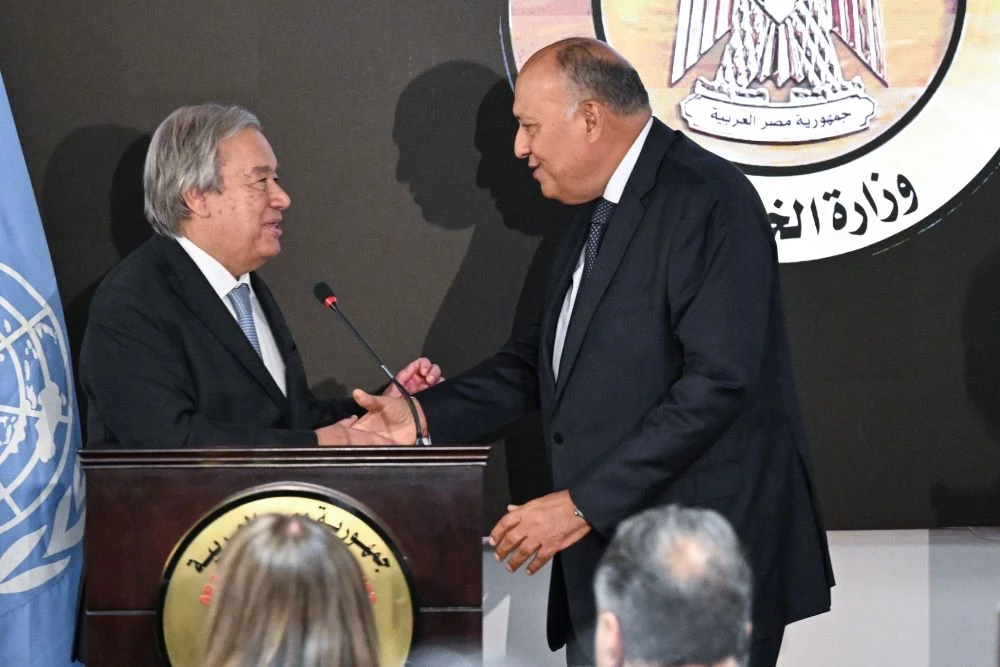 United Nations Secretary-General Antonio Guterres and Egypt’s FM Sameh Shoukry after a joint press conference at the New Administrative Capital (NAC), east of Cairo, Mar. 24, 2024. (AFP)