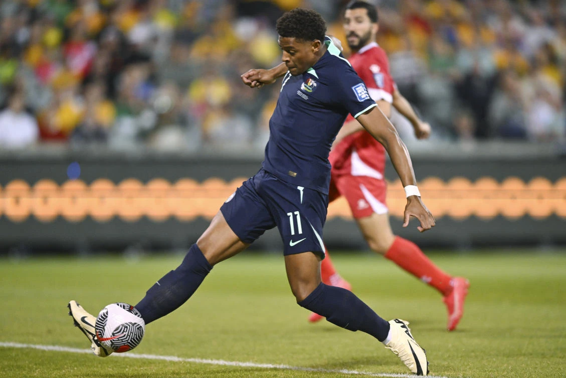 Kusini Yengi of Australia scores a goal during the World Cup qualifying match between Lebanon and Australia in Canberra, Australia, Tuesday, March 26, 2024. (AP Photo)
