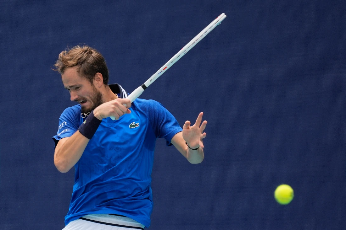 Daniil Medvedev returns a ball from Dominik Koepfer, of Germany, in their men's singles fourth round match at the Miami Open tennis tournament in Miami Gardens, Fla. (AP)