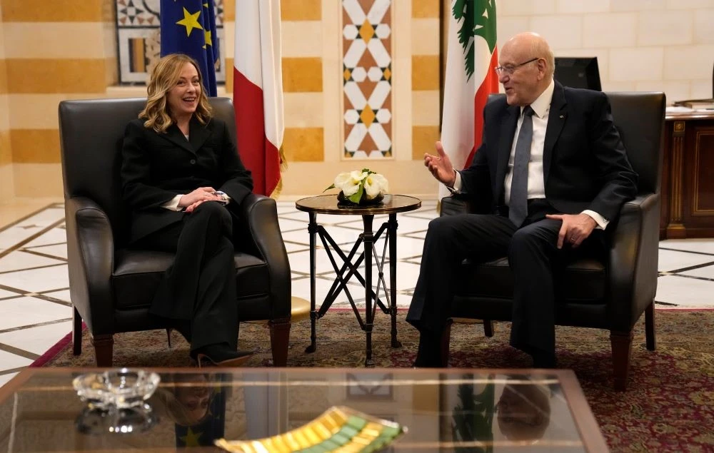 Italian Prime Minister Giorgia Meloni meets with her Lebanese counterpart Najib Mikati, Beirut, Lebanon, Wednesday, March 27, 2024. (AP Photo)