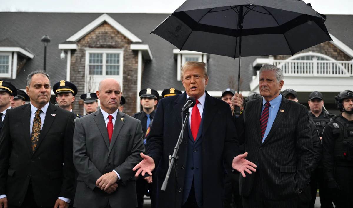 Former US President Donald Trump speaks to the press after attending the wake for New York Police Department (NYPD) Officer Jonathan Diller in Massapequa, Long Island, New York, on March 28, 2024. (AFP)