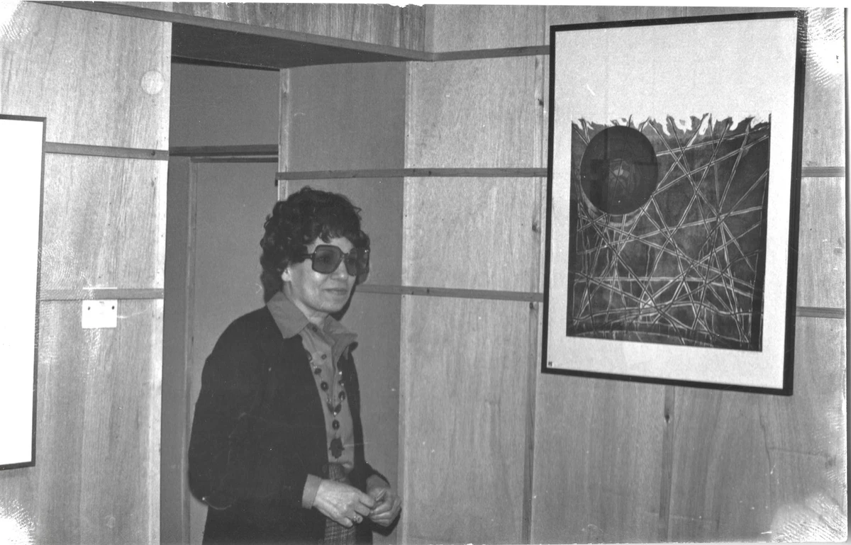 Menhat Helmy posing alongside 'Drought' during 1978 exhibition in London. (Supplied)