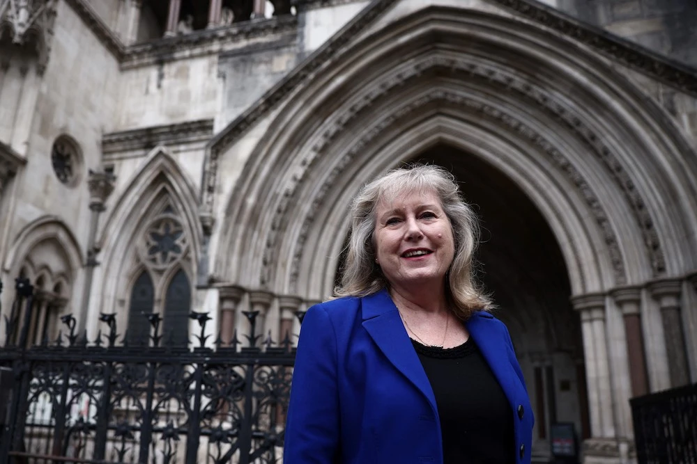 British Conservative Party member and candidate for London mayor Susan Hall reacts outside the Royal Courts of Justice has faced mounting criticism over a series of social media blunders. (AFP)