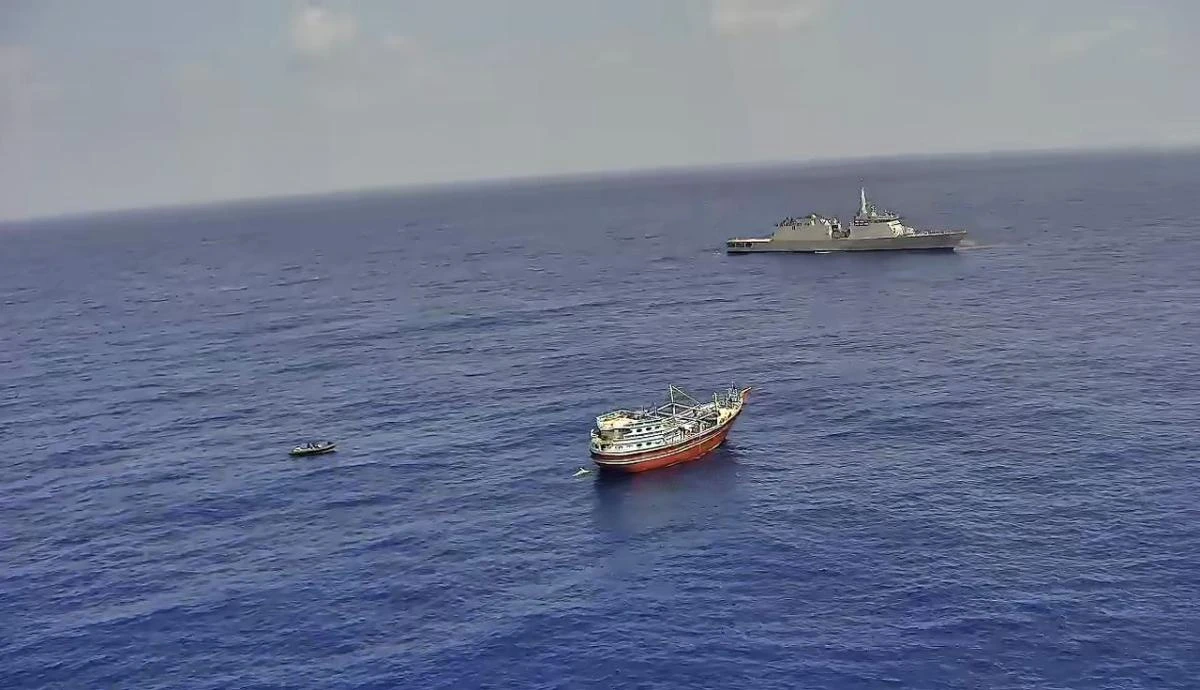 The Al-Kambar 786 was intercepted by the INS Sumedha and INS Trishul, leading to ‘over 12 hours of intense coercive tactical measures’ forcing the pirates to surrender, the Indian navy said. (X: @indiannavy)