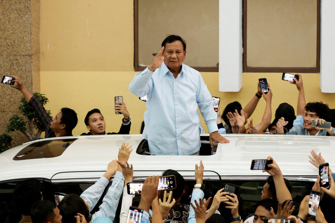 Indonesia's Defence Minister and presidential candidate Prabowo Subianto salutes his supporters after attending his campaign rally in Jakarta, Indonesia, January 26, 2024. (Reuters)