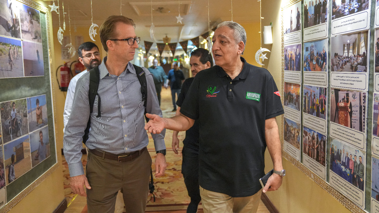 Managing Director of Saudi Arabia’s landmine clearance Project Masam Ousama Al-Gosaibi, right, receives UN Office for Project Services adviser on mine action Charles Frisby and expert Javed Habibullah. (Supplied)