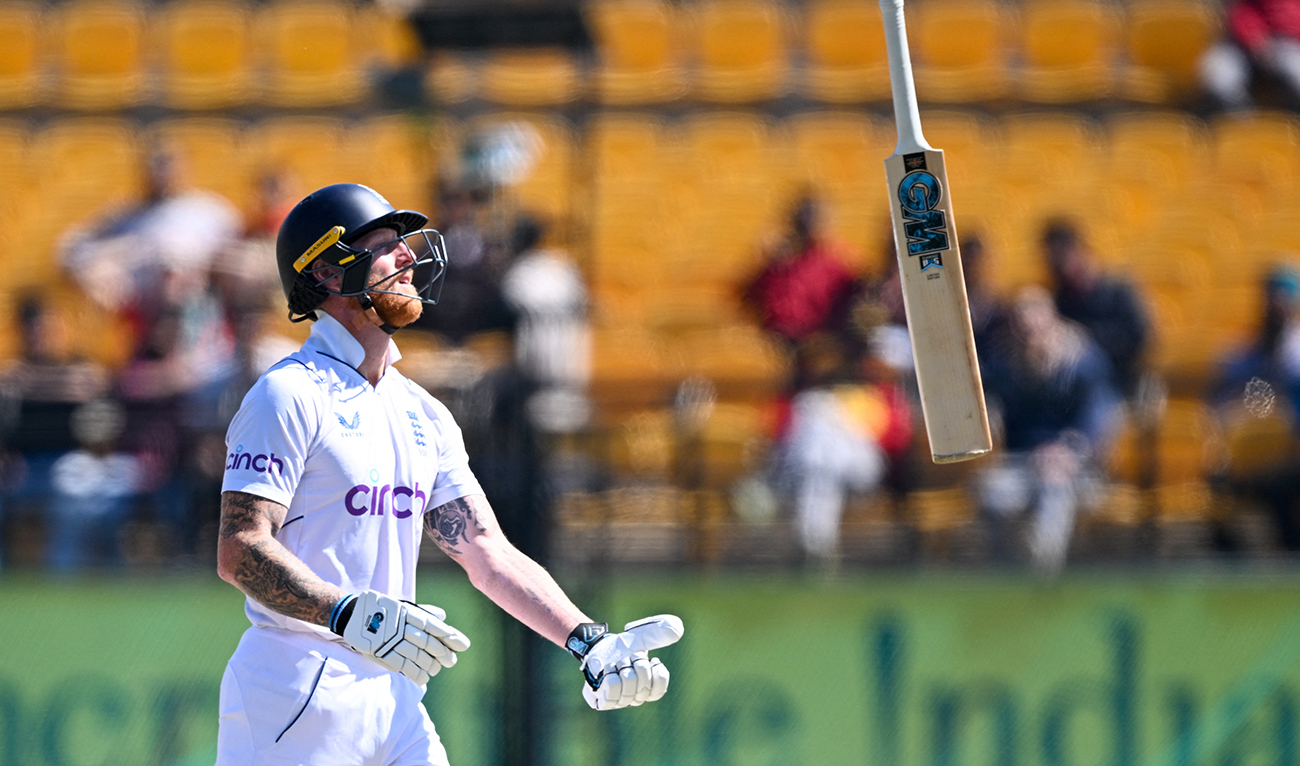 England's captain Ben Stokes reacts as he walks back to the pavilion after his dismissal during the third day of the fifth and last Test cricket match between India and England at the Himachal Pradesh Cricket Association Stadium in Dharamsala on March 9, 2024. (AFP/File)