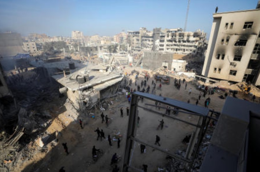 Palestinians inspect damages after Israeli forces withdrew from Gaza’s Al Shifa Hospital and the area around it following a two-week operation, amid the ongoing conflict between Israel and Hamas, in Gaza City April 1, 2024. (Reuters)