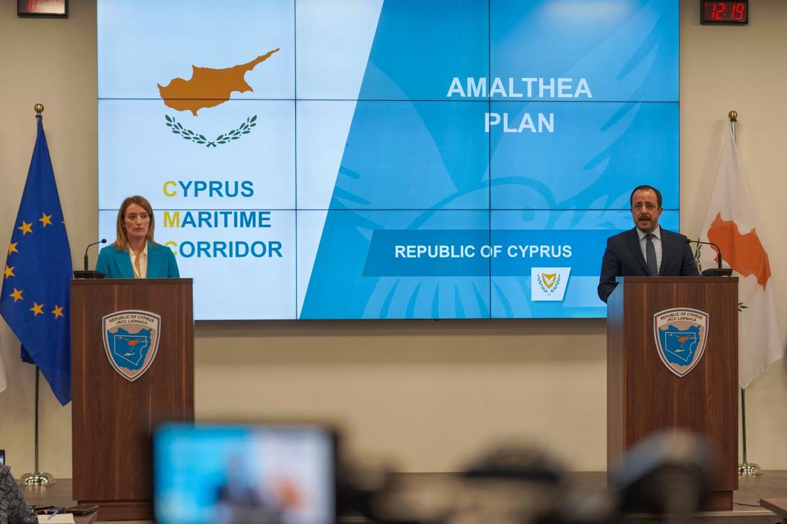 Cypriot President Nikos Christodoulides briefs media on the Gaza aid corridor, during a visit of the EU Parliament President Roberta Metsola at the Joint Rescue Coordination Centre near Larnaca's international airport on Apr. 2, 2024. (AFP)