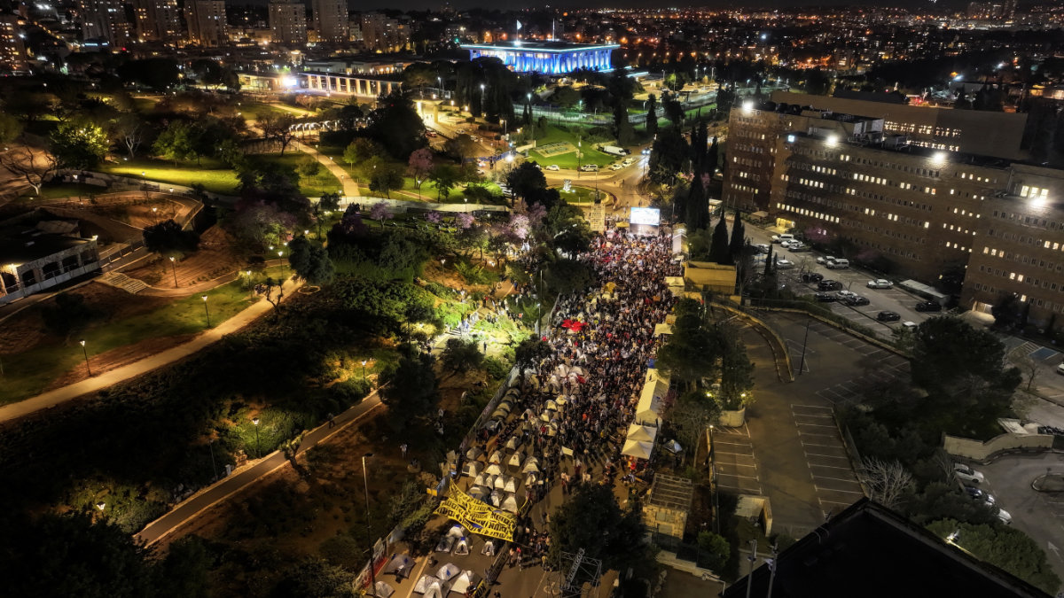 A drone view shows Israeli protesters demand the immediate return of hostages and Israeli Prime Minister Benjamin Netanyahu's ouster in the wake of the deadly October 7 attack on Israel by the Palestinian Islamist group Hamas and the ensuing war in Gaza, in Jerusalem, April 2, 2024. (Reuters)