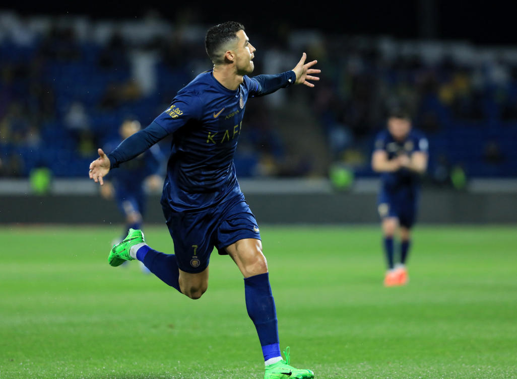 Al Nassr's Cristiano Ronaldo celebrates scoring their fourth goal to complete his hat-trick. (Reuters)
