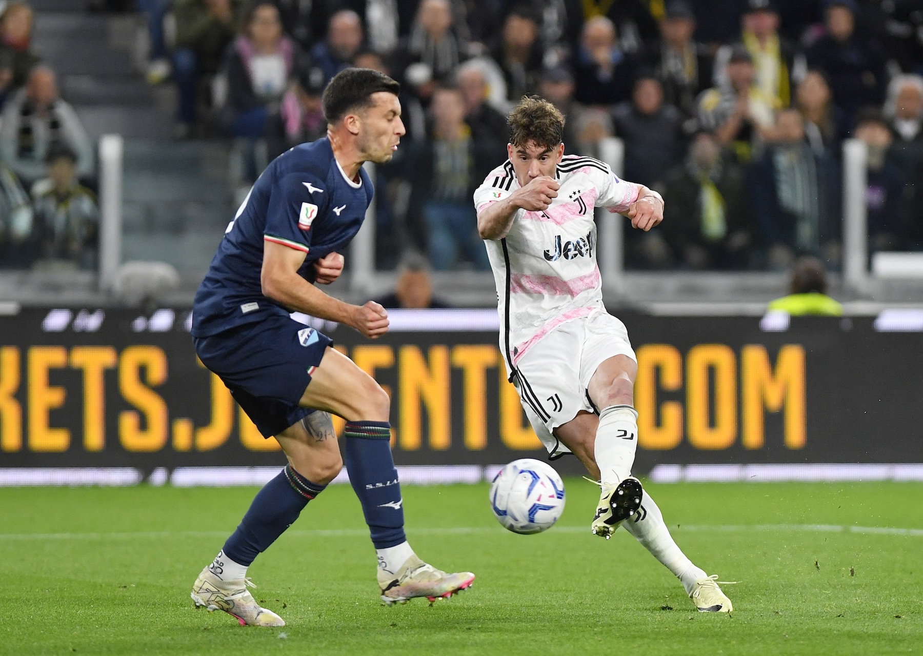 Juventus' Dusan Vlahovic scores their second goal during the Italian Cup semifinal first leg match between Juventus and Lazio at the Allianz Stadium in Turin Tuesday. (Reuters)
