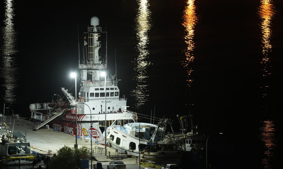 A ship belonging to the Open Arms aid group and is one of three ships loaded with canned food destined to Gaza, has returned to the Cypriot port of Larnaca, Cyprus, Wednesday, April 3, 2024. (AP)
