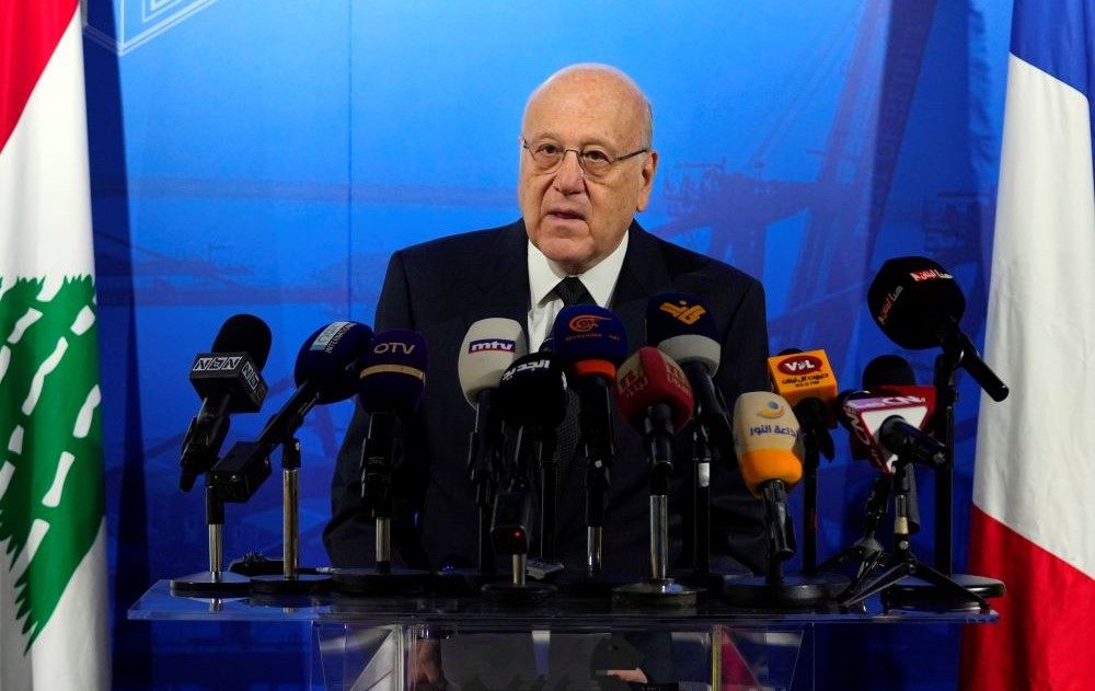 Lebanese caretaker Prime Minister Najib Mikati addresses a press conference announcing a French reconstruction plan for the Port of Beirut, Beirut, Lebanon, Mar. 13, 2024. (AP Photo)