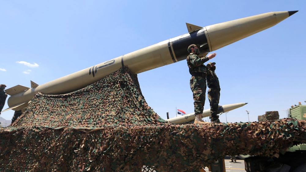 Houthi forces parade ballistic missiles on the ninth anniversary of their takeover of Sanaa, Yemen, Sept. 21, 2023. (AFP)