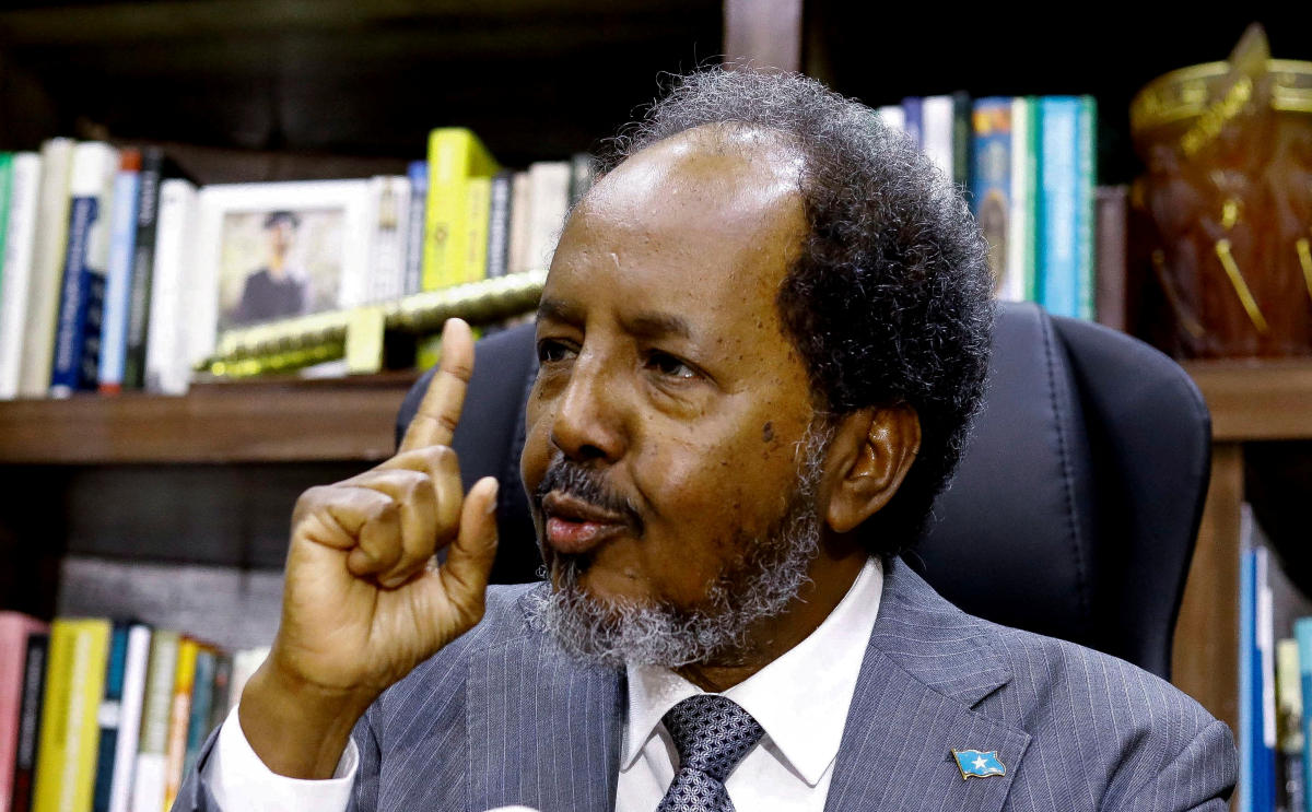 Somalia’s President Hassan Sheikh Mohamud speaks during an interview with Reuters, in his office in Mogadishu, Somalia, Feb. 20, 2024. (Reuters)