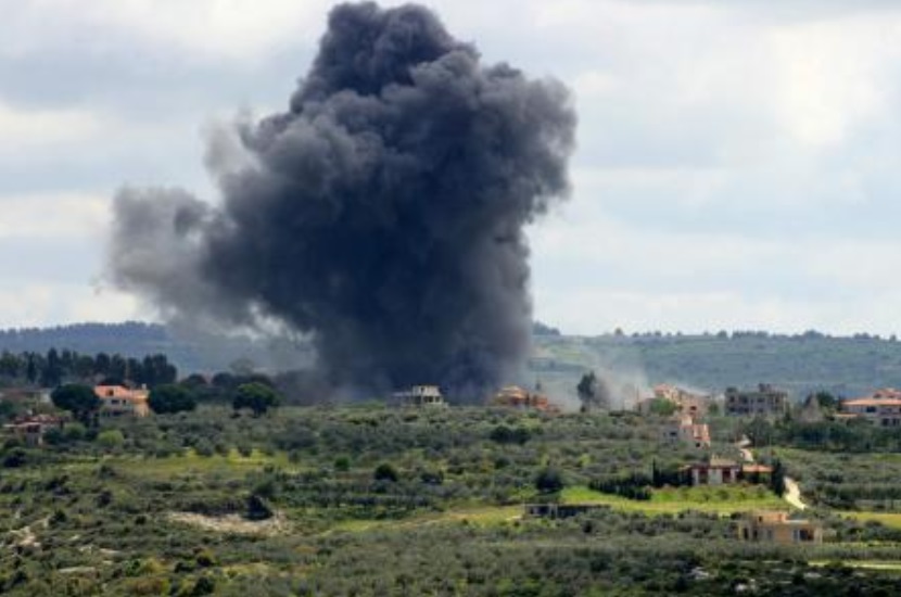 Smoke billows after an Israeli strike on the southern Lebanese border village of Tayr Harfa on Apr. 6, 2024. (AFP)