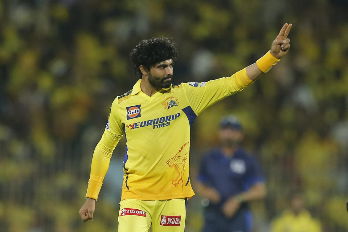Chennai Super Kings’ Ravindra Jadeja celebrates the dismissal of Kolkata Knight Riders’ Venkatesh Iyer during the IPL cricket match between Chennai and Kolkata. (AP)
