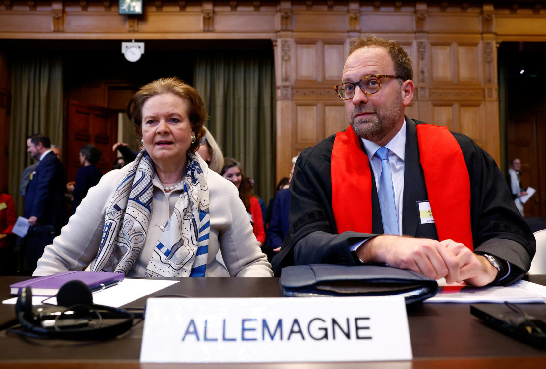 Members of the German delegation, Tania von Uslar-Gleichen and Christian J. Tams, sit in the courtroom as Nicaragua is set to ask the International Court of Justice on Monday to order Berlin to halt military arms exports to Israel and reverse its decision to stop funding UN Palestinian refugee agency UNRWA, in The Hague, Netherlands. (REUTERS)