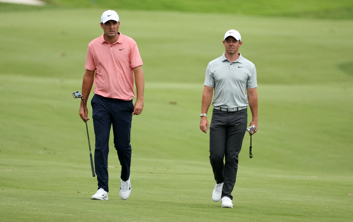 Top-ranked Scottie Scheffler and world No. 2 Rory McIlroy will play alongside each other for the first two rounds of the Masters golf tournament. Completing the feature trio will be reigning Olympic champion Xander Schauffele at Augusta National. (File/AFP)