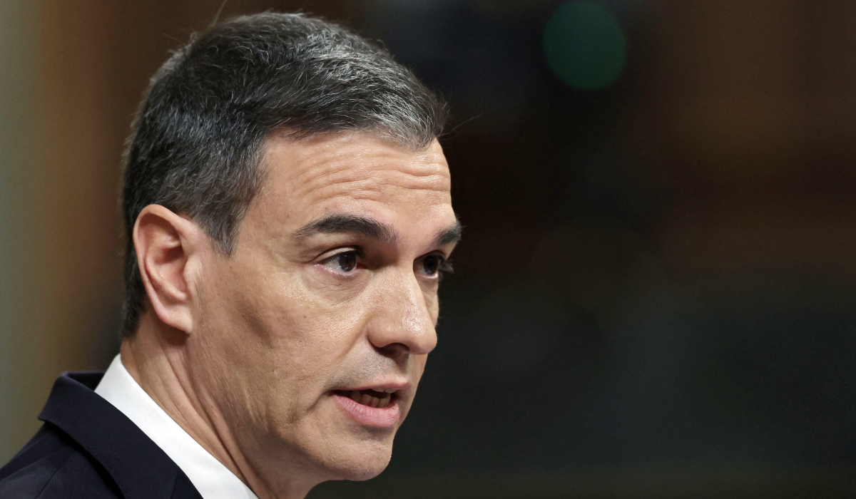 Prime Minister Pedro Sanchez addresses parliament at the Spanish lower house, Congress of Deputies, in Madrid on April 10, 2024. (AFP)