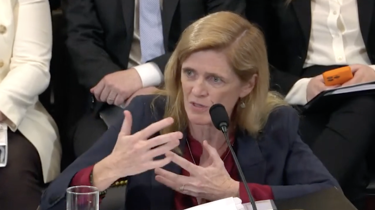 Samantha Power, pictured at a congressional hearing on Wednesday, said famine is “plausible or likely” in Gaza. (Screenshot/US Congress)