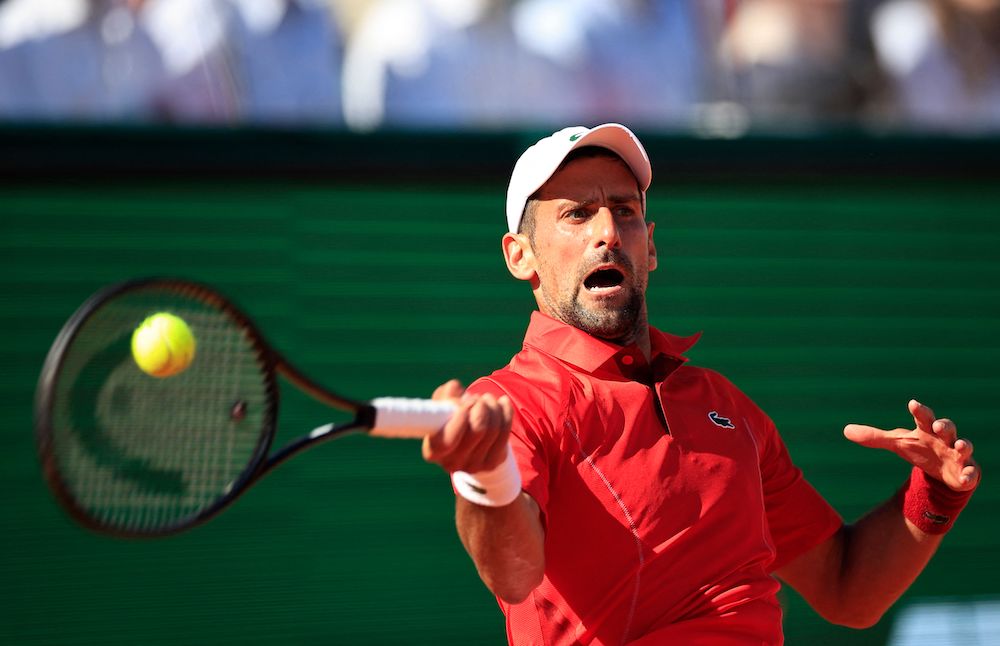 Serbia’s Novak Djokovic plays a forehand return to Italy’s Lorenzo Musetti during their Monte Carlo ATP Masters Series Tournament match on April 11, 2024. (AFP)