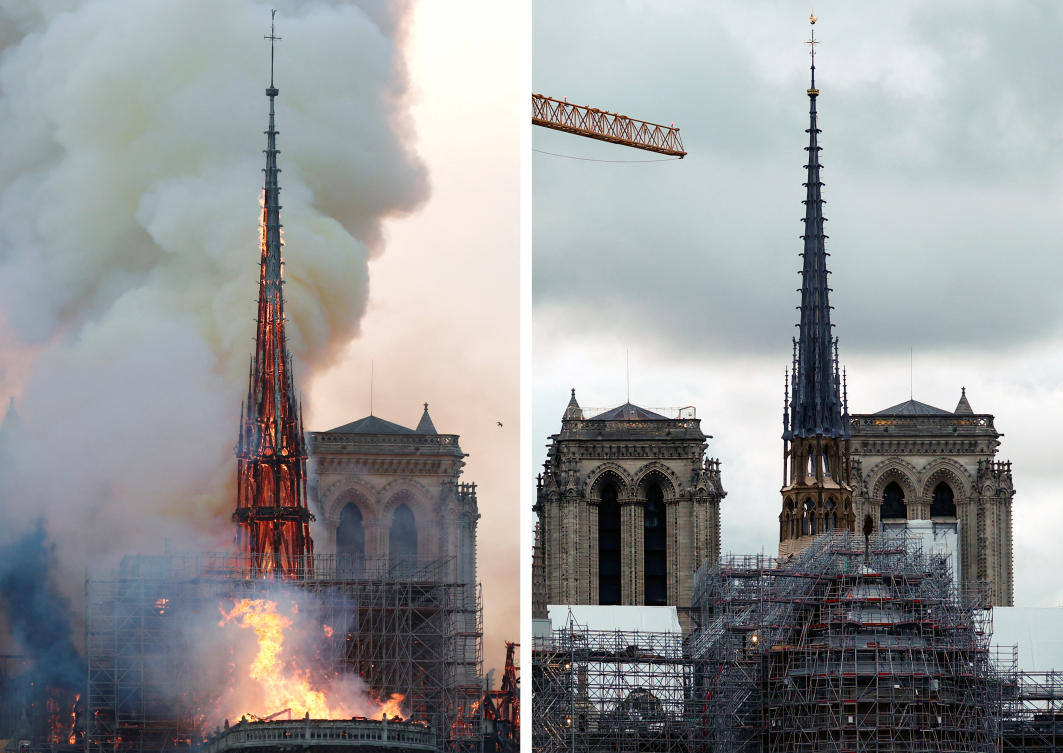 A combination picture shows smoke billowing as fire engulfs the spire of Notre Dame Cathedral in Paris on Apr. 15, 2019 and a view of the new spire, surmounted by the rooster and the cross as restoration works continue at the Notre-Dame de Paris Cathedral on Mar. 30, 2024. (Reuters)