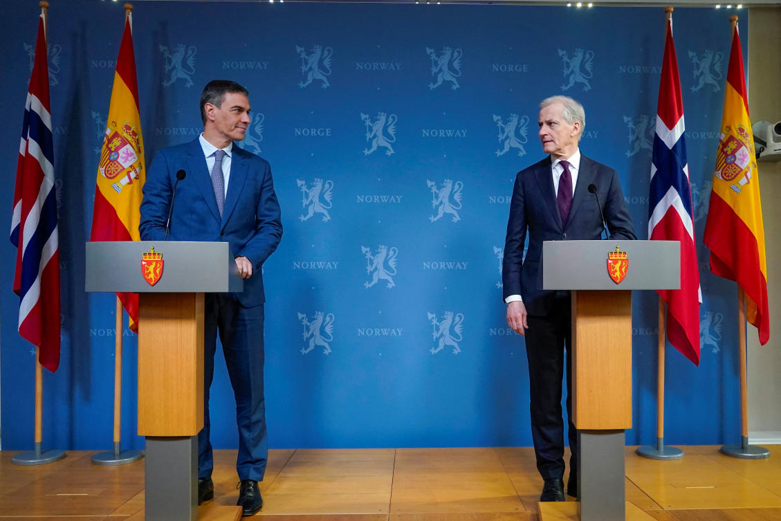Norwegian Prime Minister Jonas Gahr Store meets Spanish Prime Minister Pedro Sanchez for a bilateral meeting in the government’s representation facility at Parkveien 45 in Oslo on Apr. 12, 2024. (Reuters)