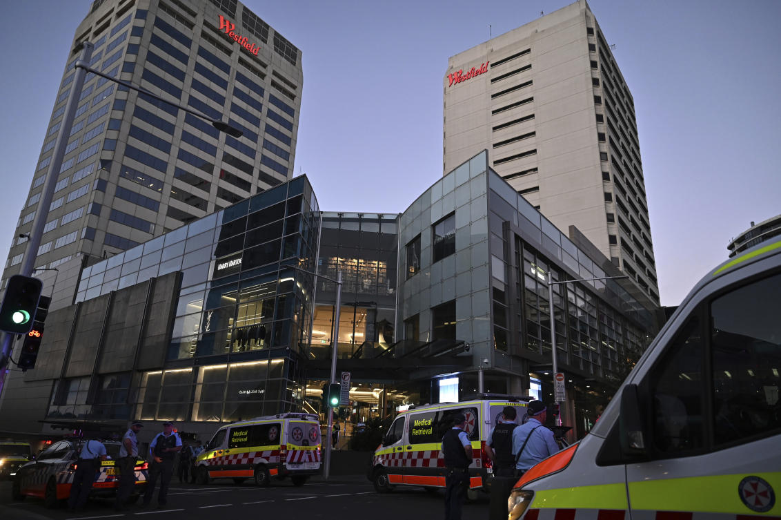 Emergency services are seen at Bondi Junction after multiple people were stabbed inside the Westfield Bondi Junction shopping center in Sydney on Apr. 13, 2024. (AP)