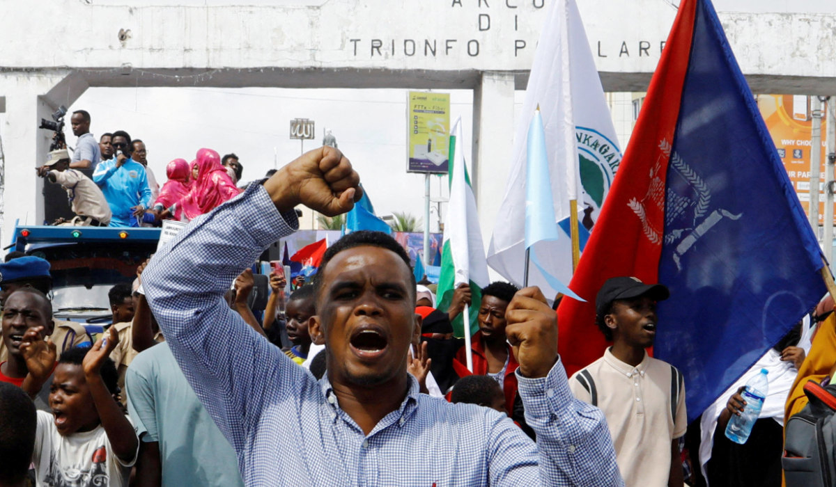 A Somali man reacts during a march against the Ethiopia-Somaliland port deal along KM4 street in Mogadishu, Somalia January 11, 2024. (REUTERS)