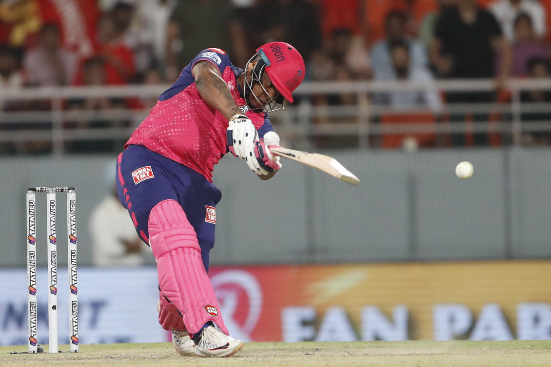 Rajasthan Royals’ Shimron Hetmyer plays a shot during the Indian Premier League cricket match between Punjab Kings and Rajasthan Royals in Mohali. (AP)