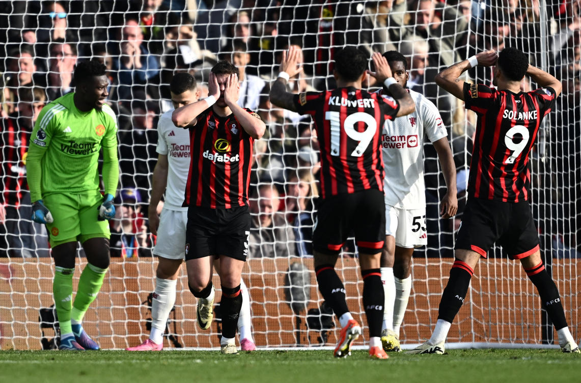 Manchester United’s Andre Onana and AFC Bournemouth’s Milos Kerkez, Justin Kluivert and Dominic Solanke react after a missed chance during their Premier League match at Vitality Stadium, Bournemouth, on Apr. 13, 2024. (Reuters)