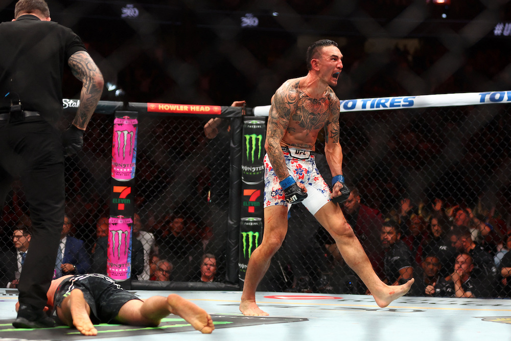 Max Holloway after defeating Justin Gaethje via a last-second knockout during UFC 300 at T-Mobile Arena Saturday night. (USA TODAY Sports)