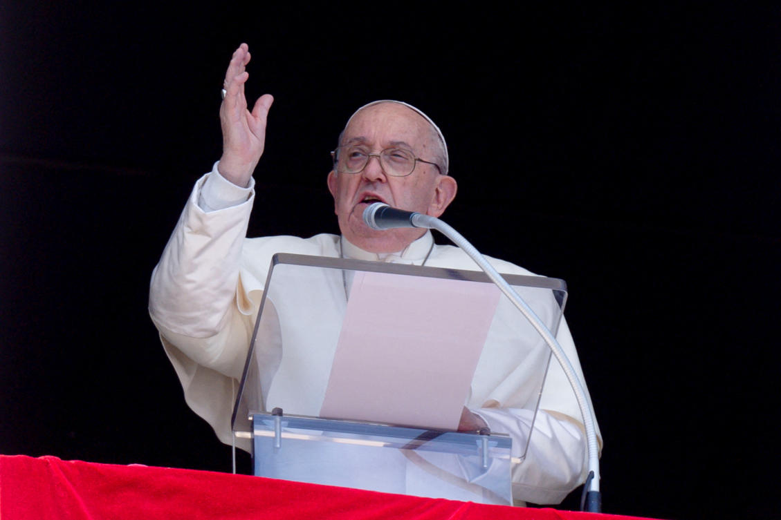 Pope Francis leads the Regina Caeli prayer from his window at the Vatican, April 14, 2024. (Reuters)