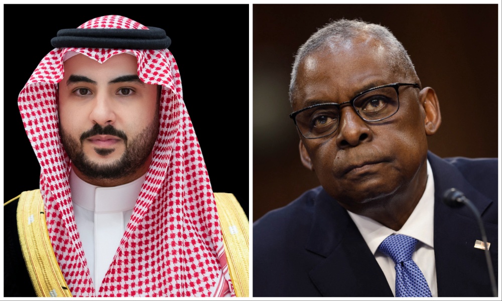 Saudi Defense Minister Prince Khalid bin Salman discussed the military escalation in the Middle East with US Secretary of Defense Lloyd Austin on Sunday. (File/SPA/AFP)